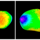 Views of Kleopatra, showing where gravitational forces and centrifugal acceleration are distributed across the asteroid. These forces are most intense at the two lobes.